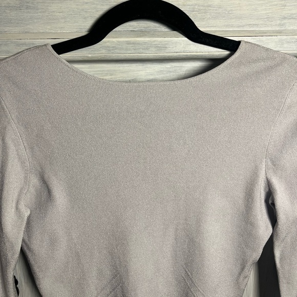 Adrienne Vittadini Soft Grey Fitted Ballet Neck Open Back Bell Sleeve Sweater - Picture 4 of 7